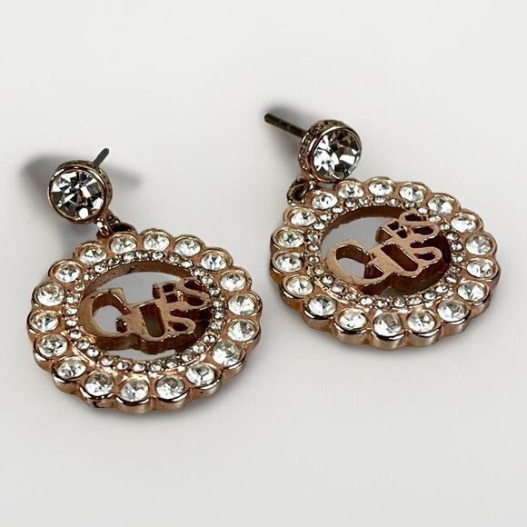 GUESS Women Rose Gold Tone Round Crystals LOGO Design Earrings- Dangle Drop Pair - Picture 6 of 8